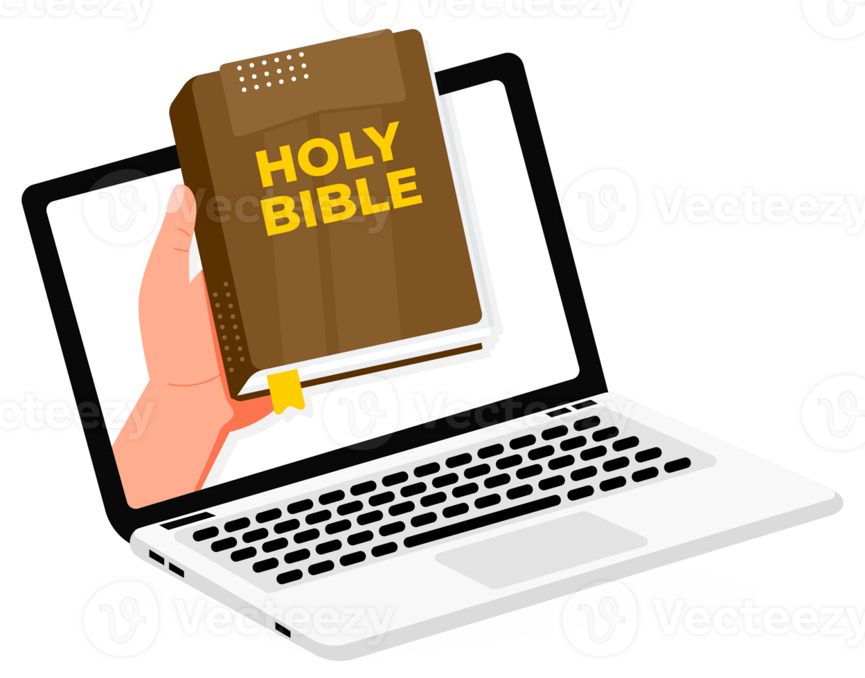 Hand holding holy bible coming out of laptop screen png