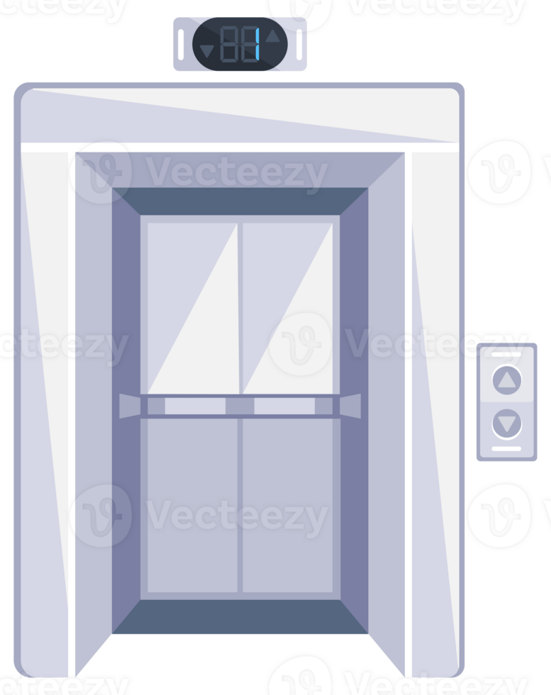 Elevator doors. Open and closed chrome metal doors and button panel closeup png