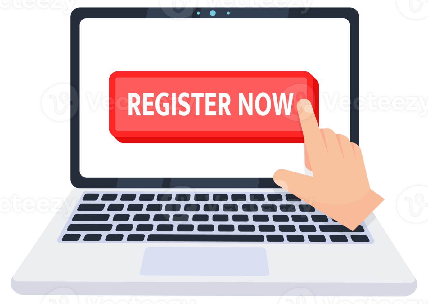 Hand pointer clicking on a register now button on a laptop screen. illustration png