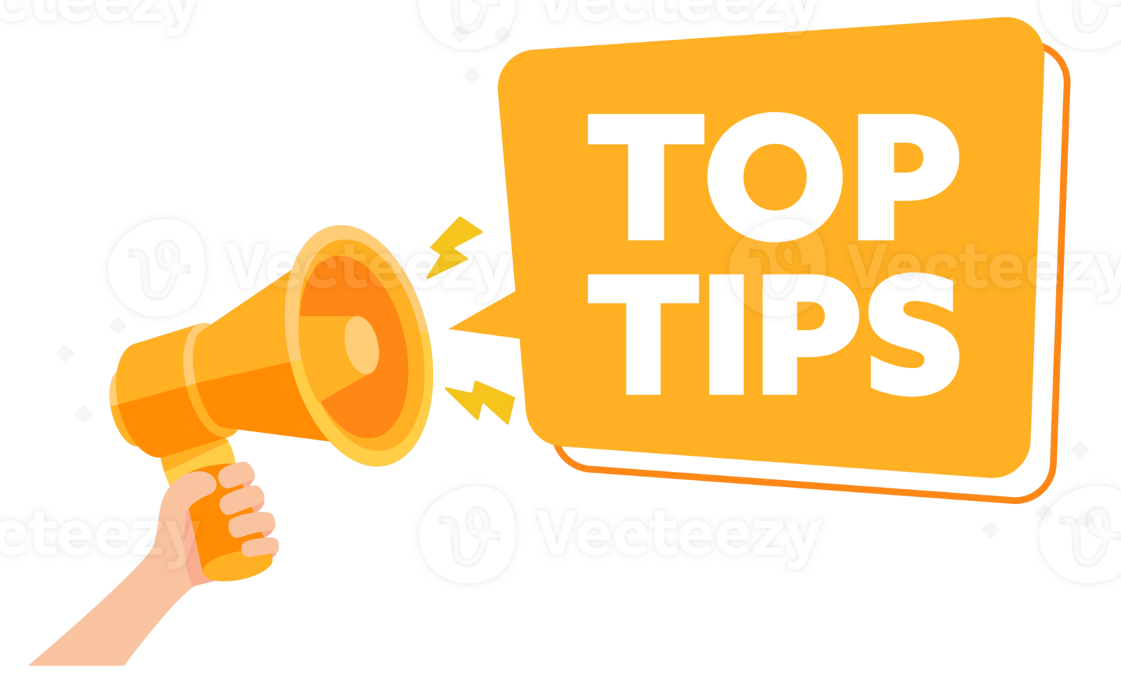 Hand Held Orange Megaphone Announcing Top Tips in a Speech Bubble Illustration png