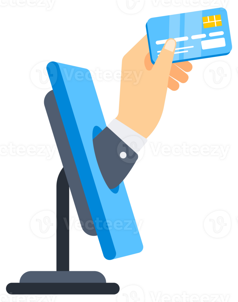 Two computer monitors exchanging a credit card and a shopping bag, depicting an online shopping transaction. illustration png