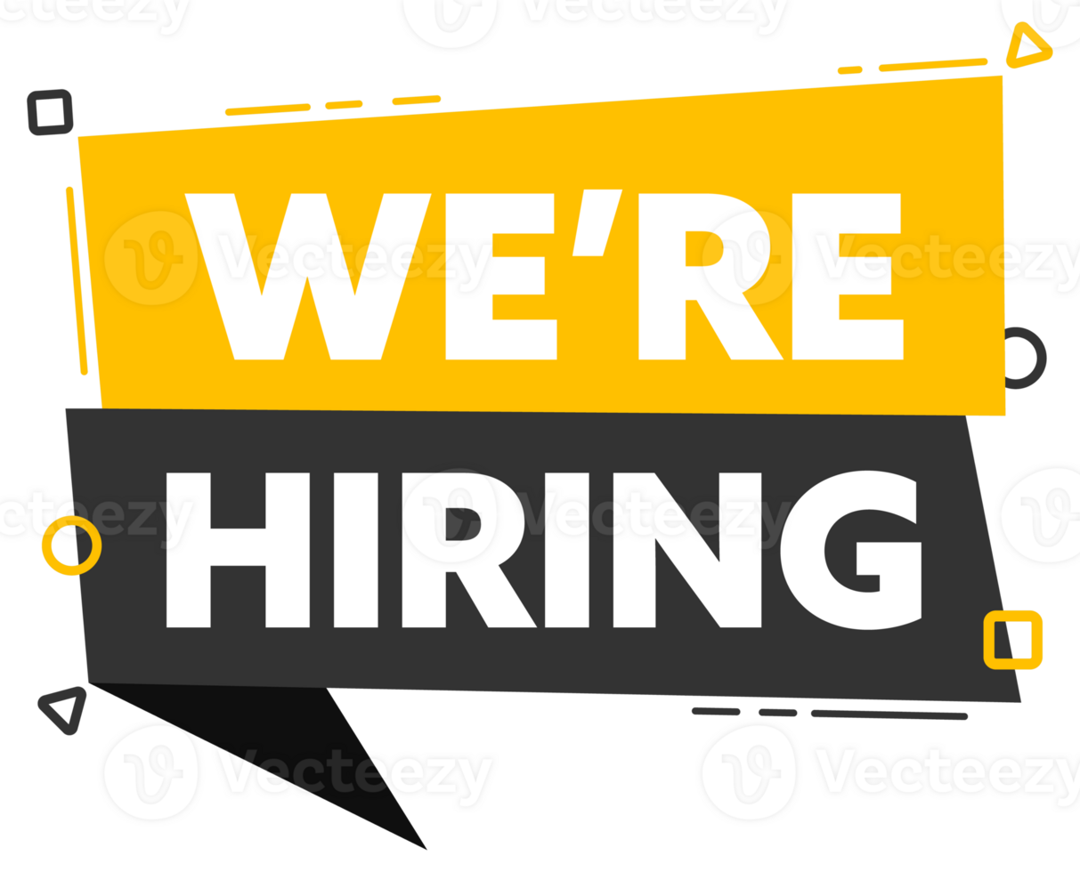 Speech bubble with the word We are hiring yellow and black label. stock illustration png