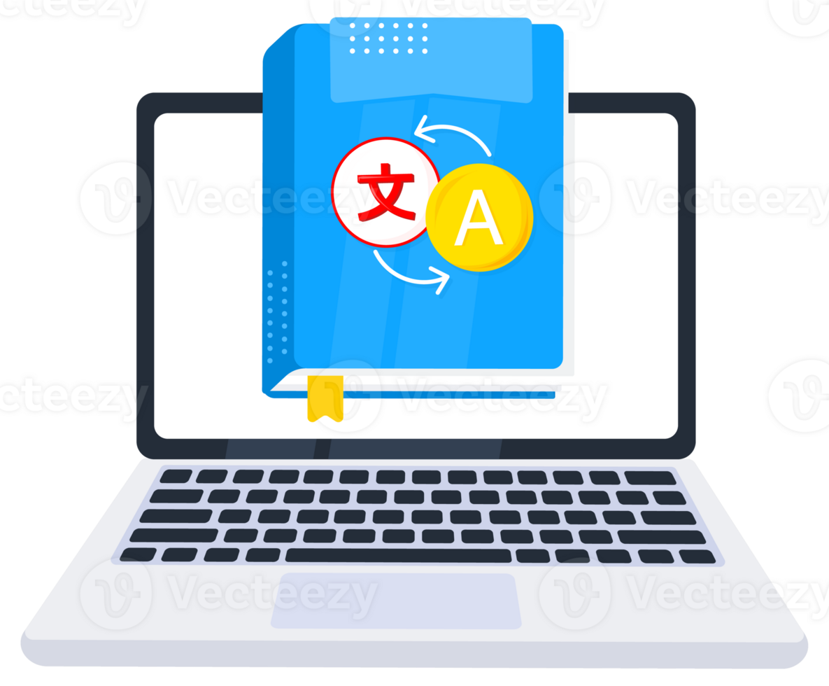 Online language course, digital translation service concept, laptop translating document, foreign languages learning app png