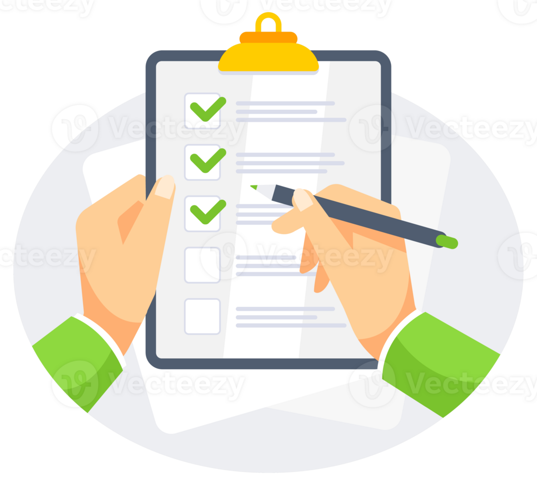 Hands holding clipboard with checklist with green check marks and pen. illustration png