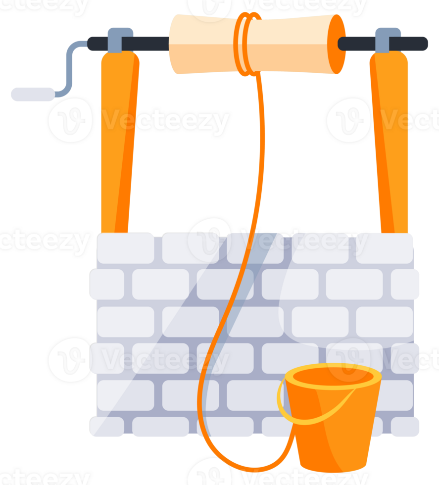 Water well set. Stone and wooden decorated peasant wells for water extraction png