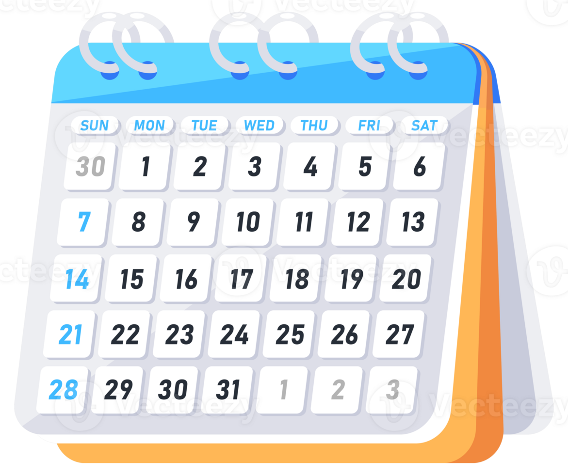Blank calendar isolated on white background. Important, reminder day. Mark the date. illustration png