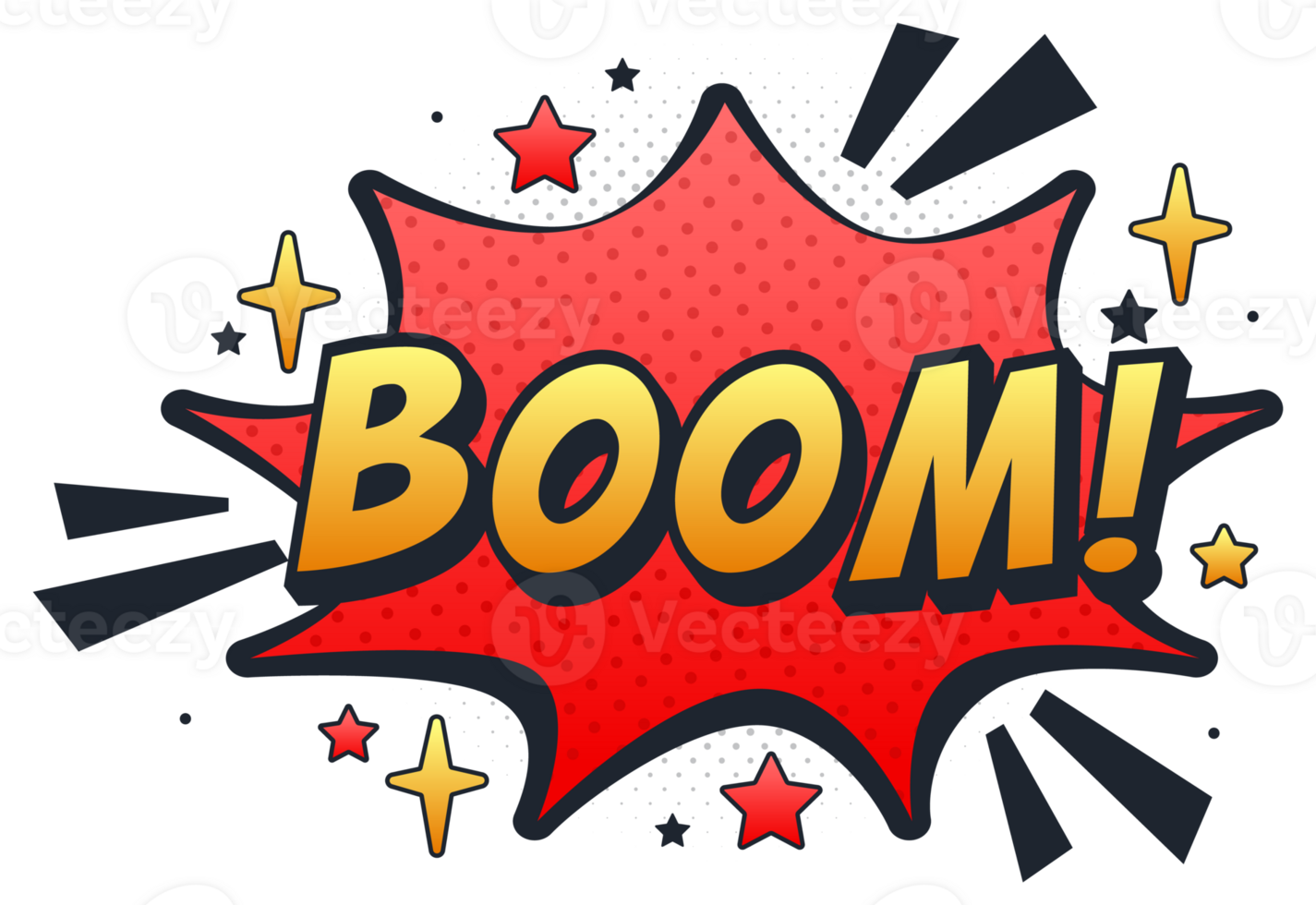 Boom comic explosion with halftone dotted shadow and stars png