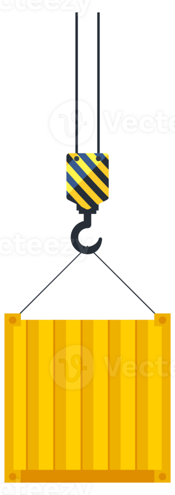 Cargo container hanging on a crane hook. Port crane. Worldwide delivery. illustration png