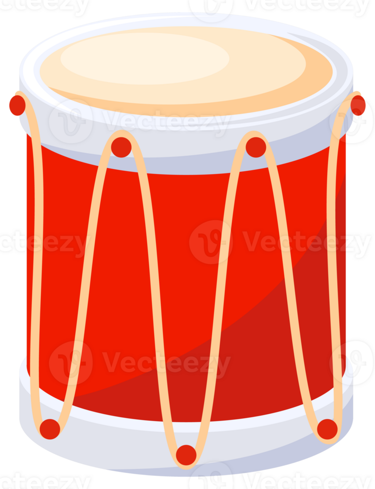 Red drum kit standing ready for a drummer to start playing music, percussion instruments isolated over white png