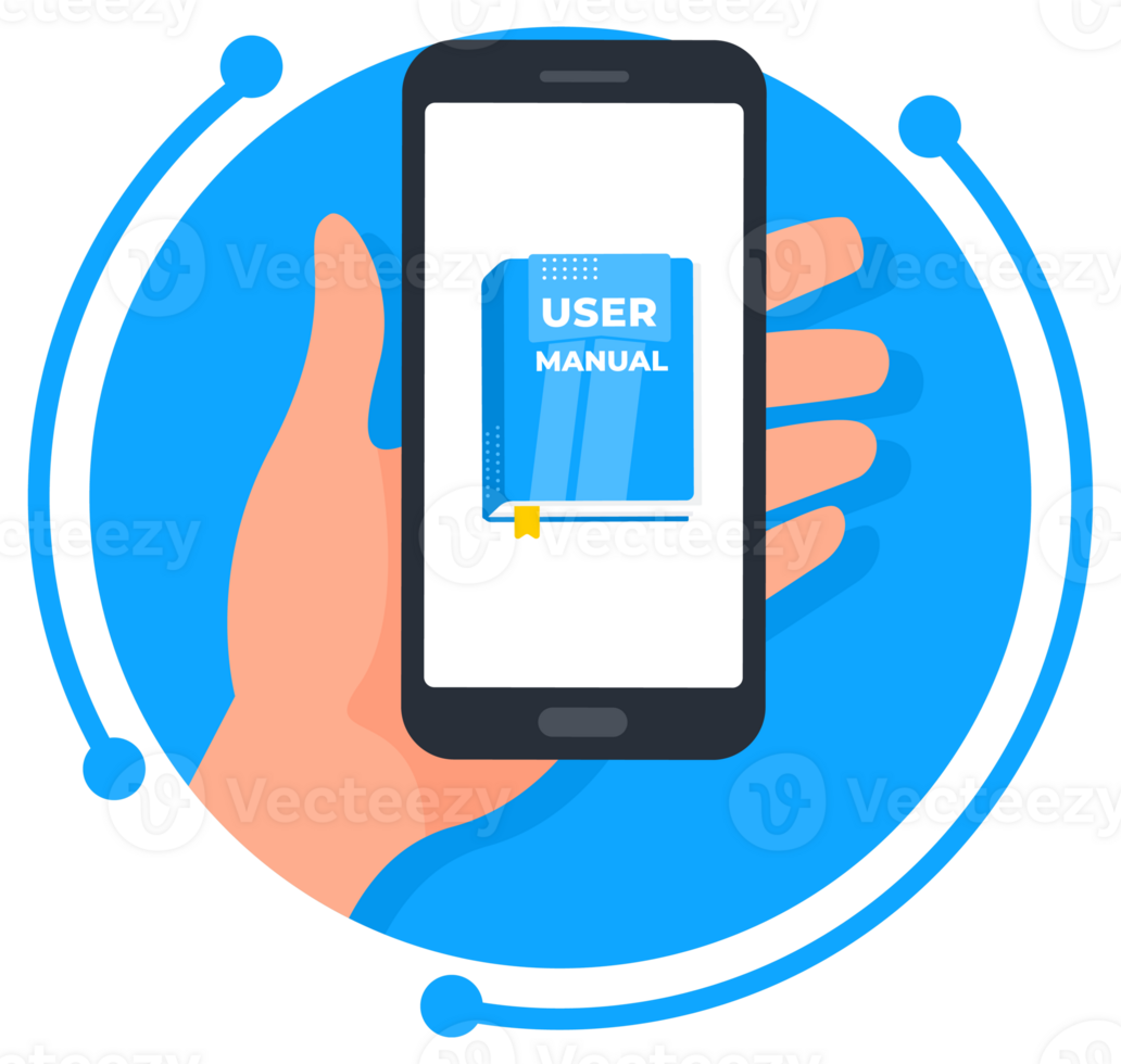 Hand holding a smartphone showing a user manual on screen, concept of online learning or digital book png