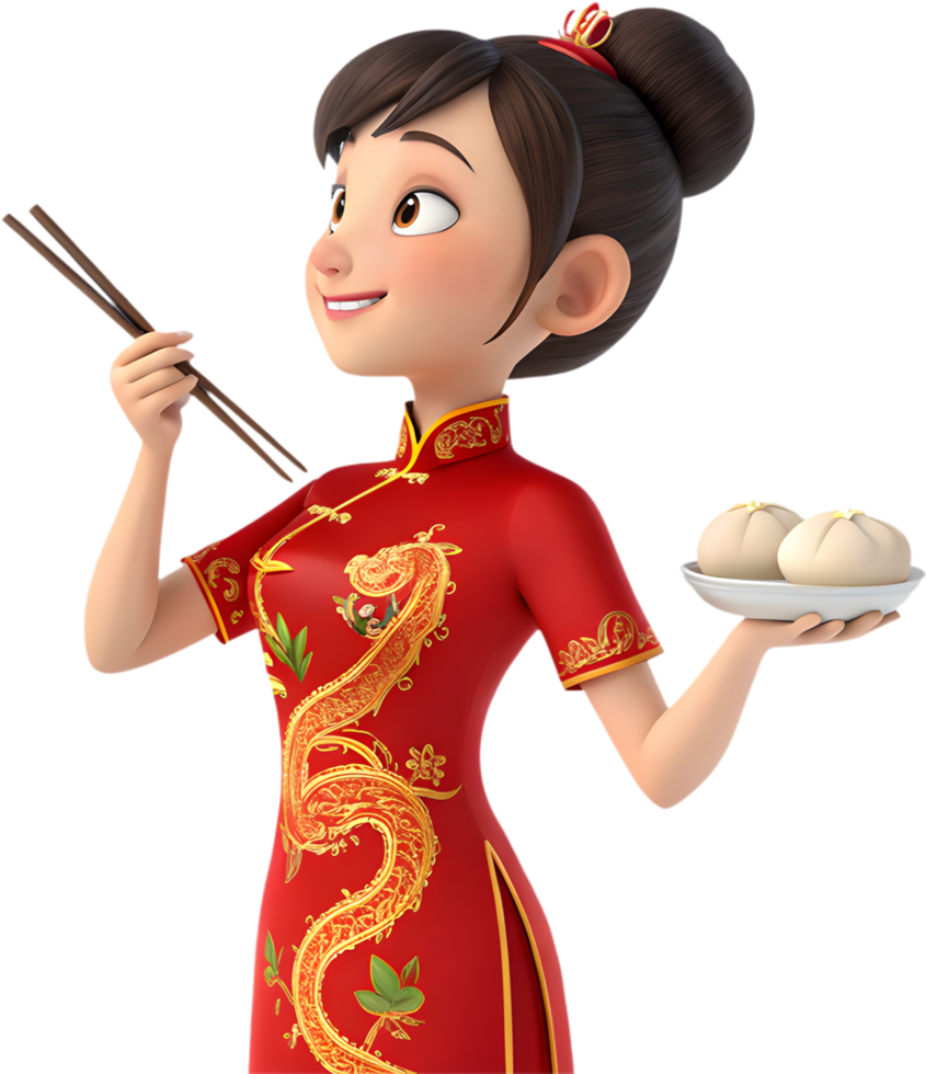 Graceful Girls in Cartoon Style at Chinese New Year Celebrations. . png