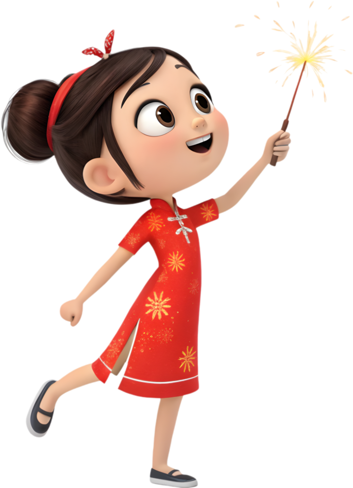 Graceful Cartoon Girls Celebrating Chinese New Year in Vibrant Attire. . png