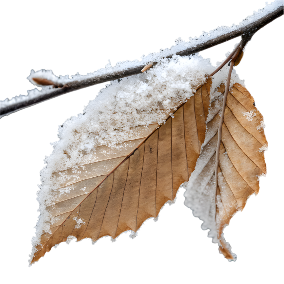 Winter Schneefall auf Buche Baum Blätter im Landschaft. . png