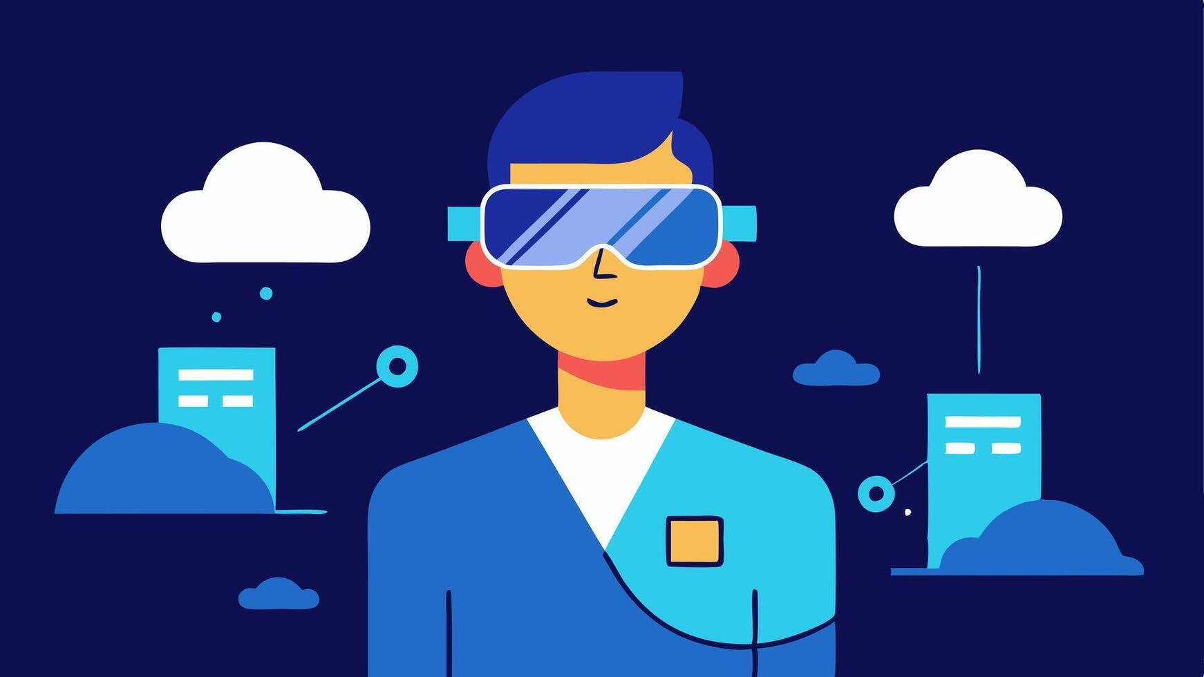 Virtual Reality Collaboration An architect wearing VR goggles immersed in a virtual environment that illustrates cloud architecture concepts and workflows.. vector