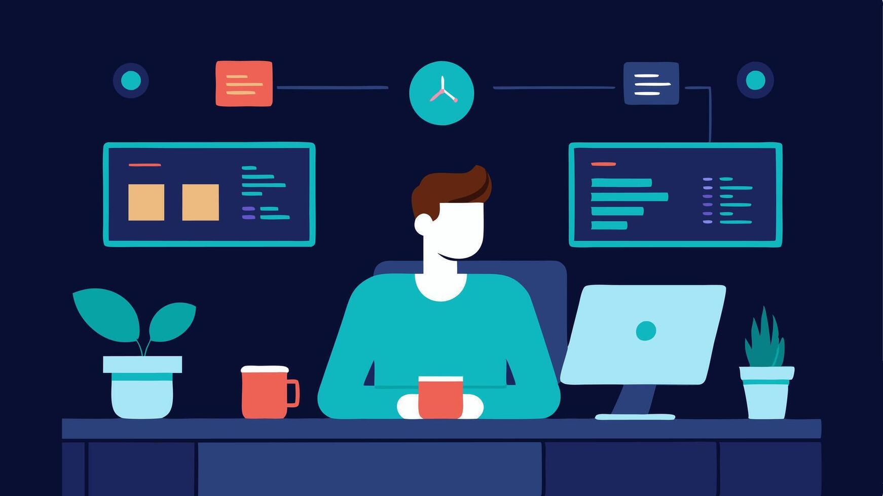 Remote Work Setup A fintech developer working from home equipped with multiple monitors showing code and financial data with a coffee mug and plants around.. vector