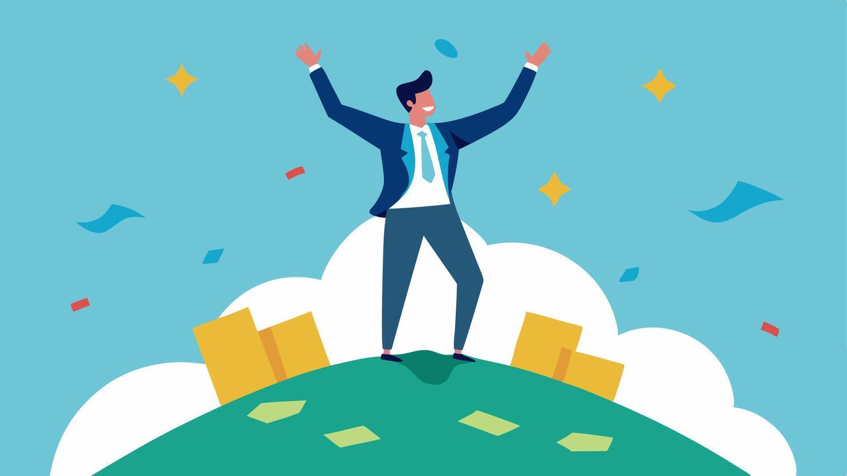 Victory Dance The crime boss standing on top of a hill of cash arms raised in triumph with dollar bills fluttering in the air around them.. vector