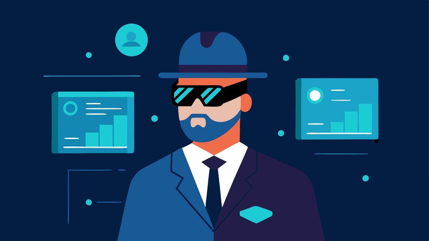 Virtual Reality Training A detective wearing virtual reality goggles interacting with a 3D facial recognition software simulation to practice identifying suspects.. vector