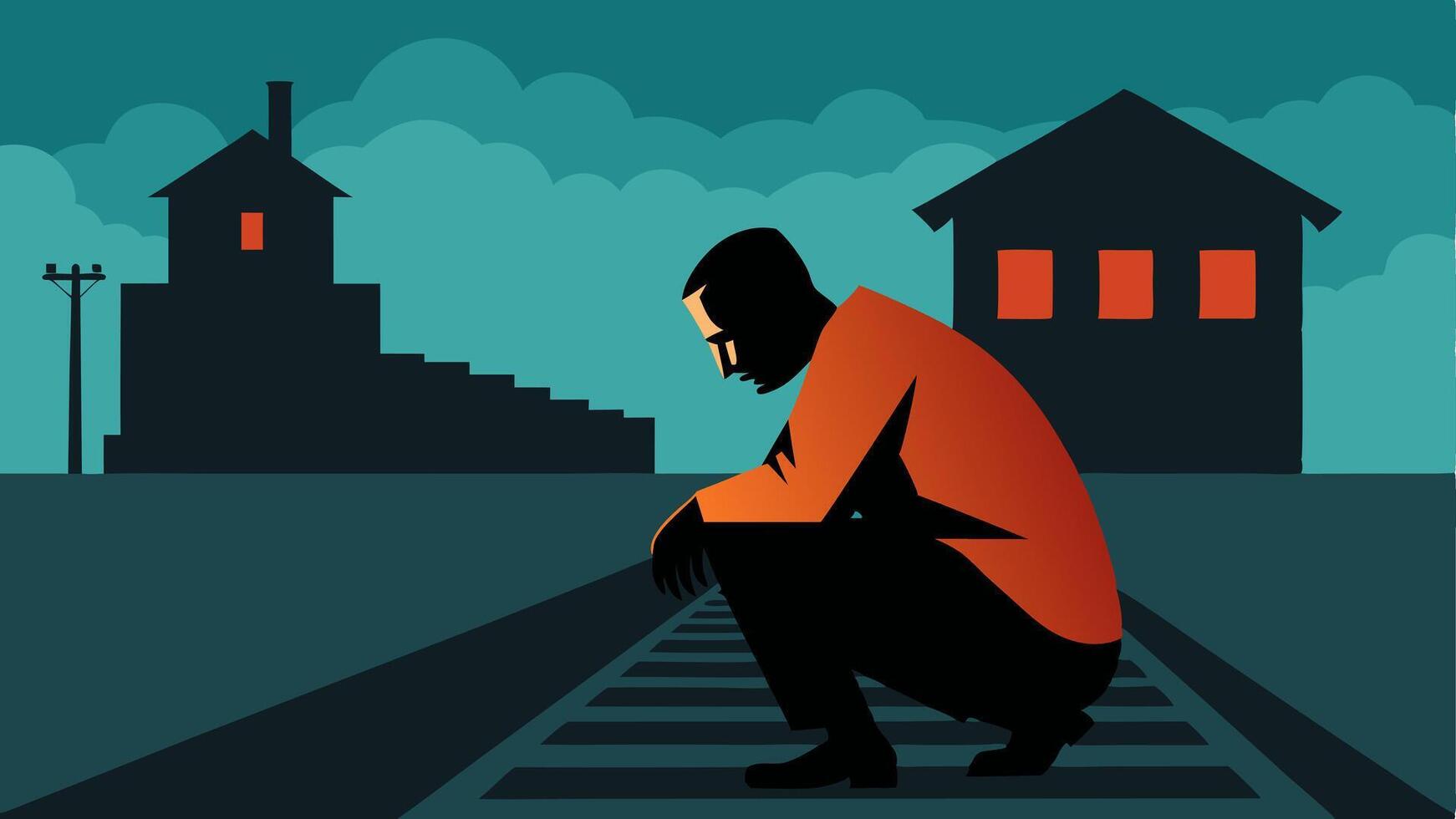 Train Tracks A prisoner crouched near old train tracks awaiting a freight train with the prison buildings faintly visible in the background.. vector