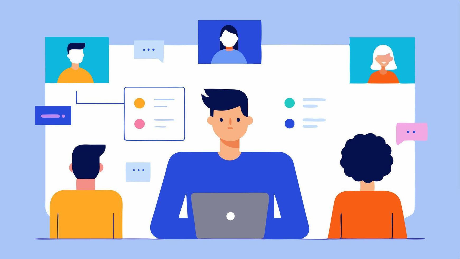 User Experience Testing A designer watches as avatars representing potential attendees navigate a virtual meeting room taking notes on user interaction and flow.. vector