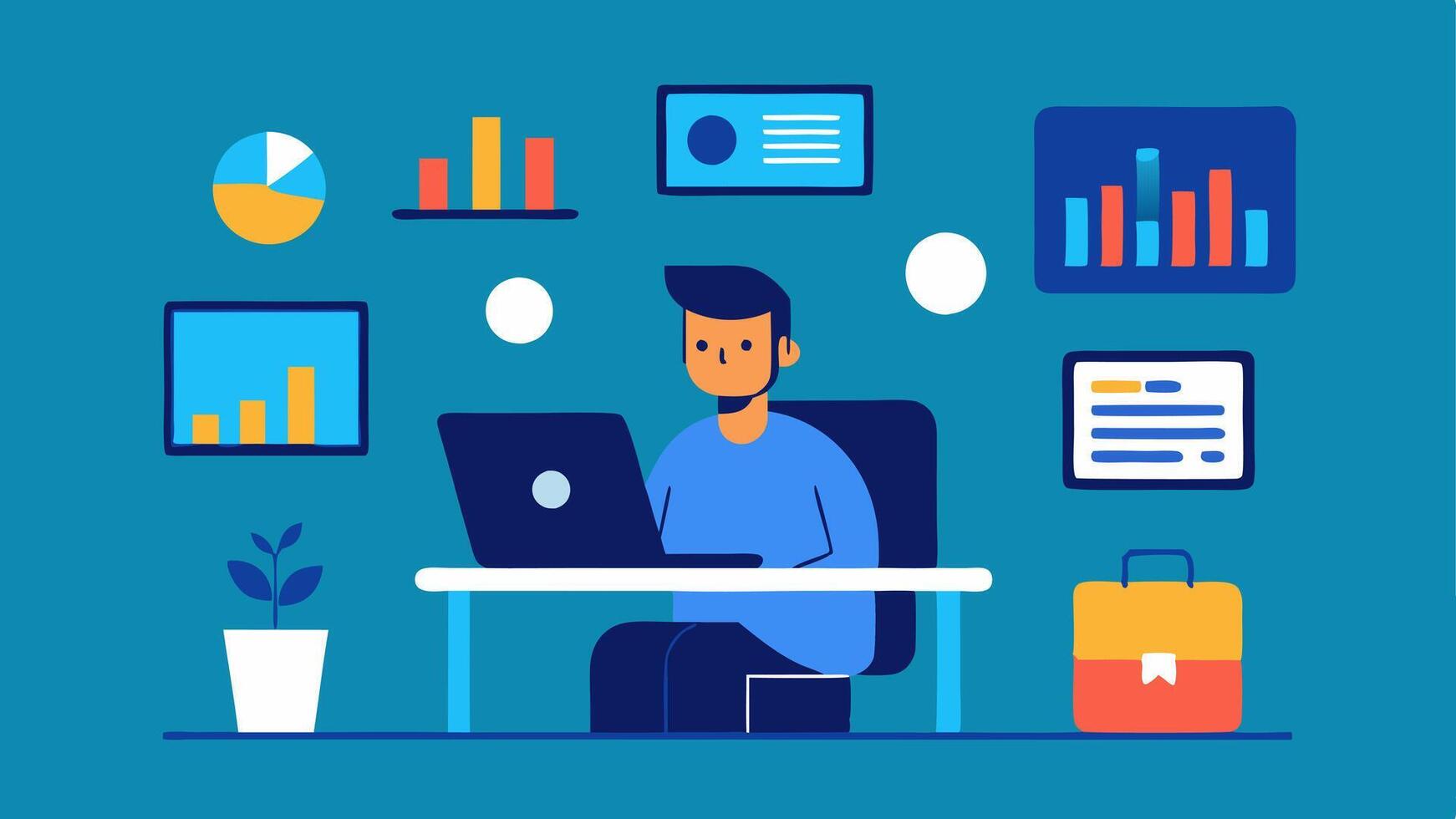 Workspace Setup A professional sitting at a modern desk surrounded by multiple screens displaying analytics a shopping cart icon and sales graphs.. vector