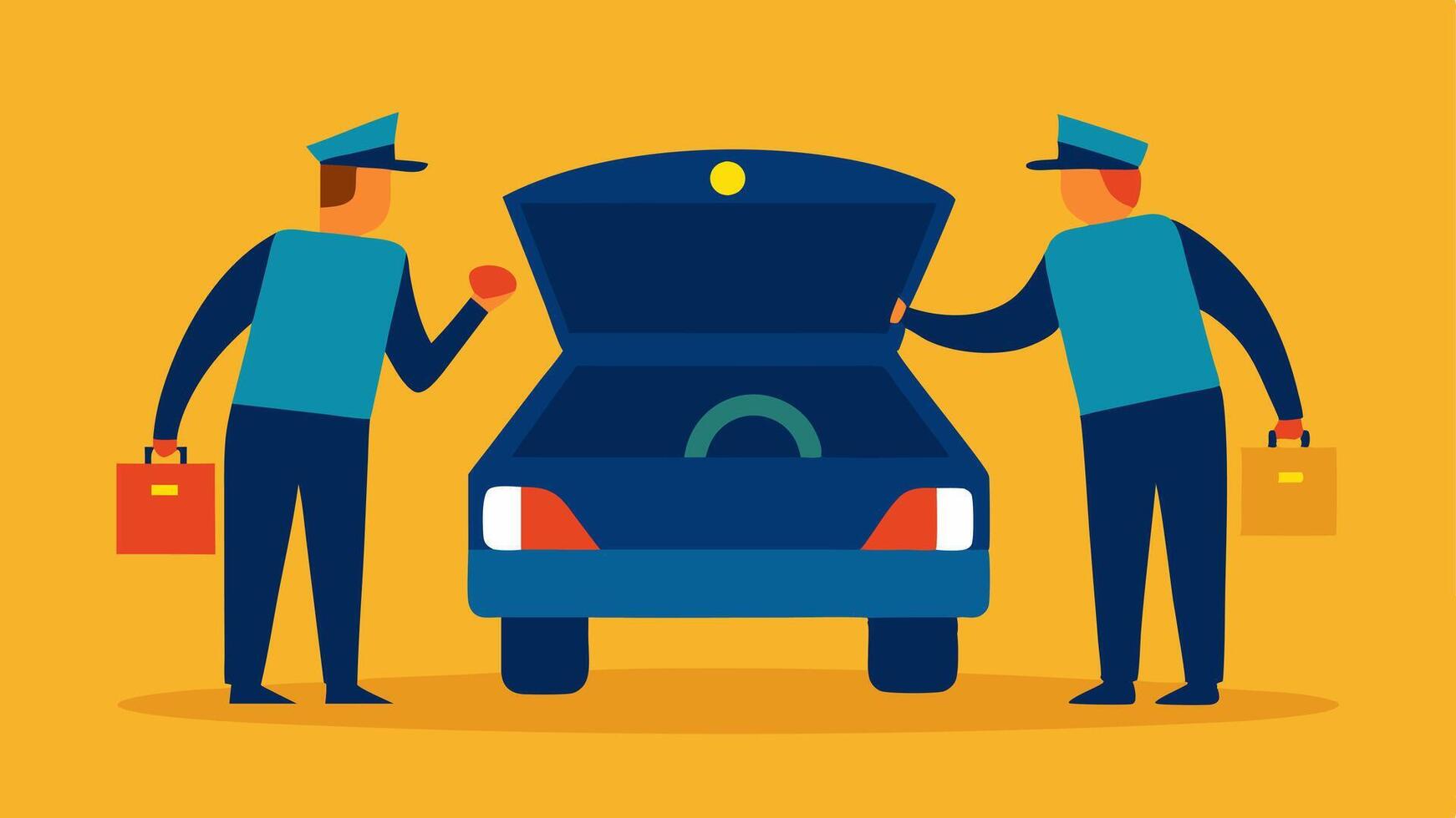 Two Officers in Action A pair of officers cooperating one searching through the trunk while the other stands guard beside the vehicle watchfully looking around.. vector