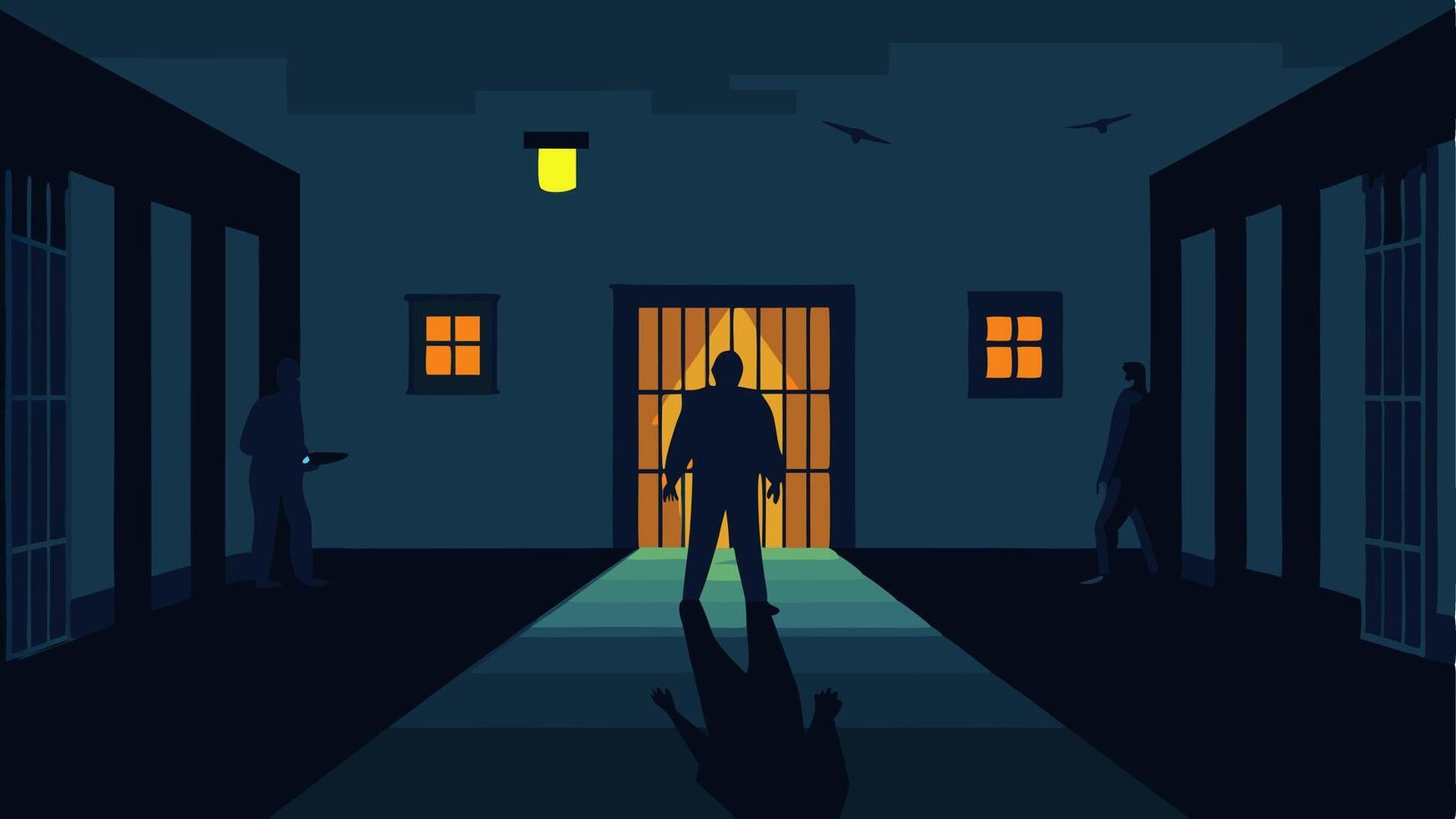 These descriptions focus on conveying the atmosphere mood and elements of a prison cell block at night.. vector