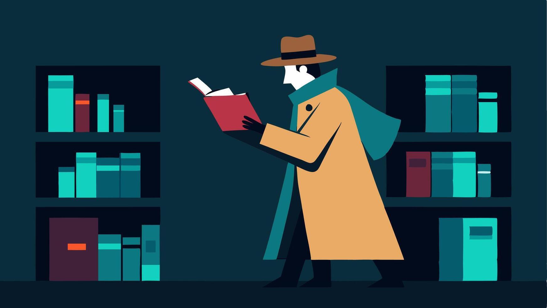 Searching in a Library The detective browses through dusty books in a library his trench coat trailing behind him with a note pinned to the wall for reference.. vector