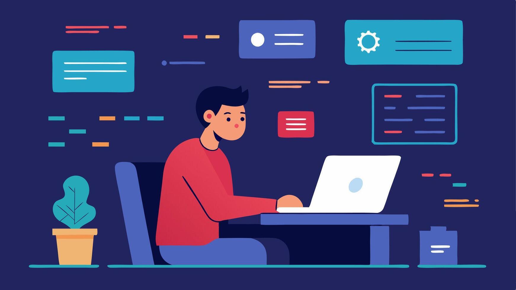 Thoughtful Developer A developer sitting at a desk surrounded by screens displaying code and a chat window deep in thought while sketching out ideas on a digital tablet.. vector