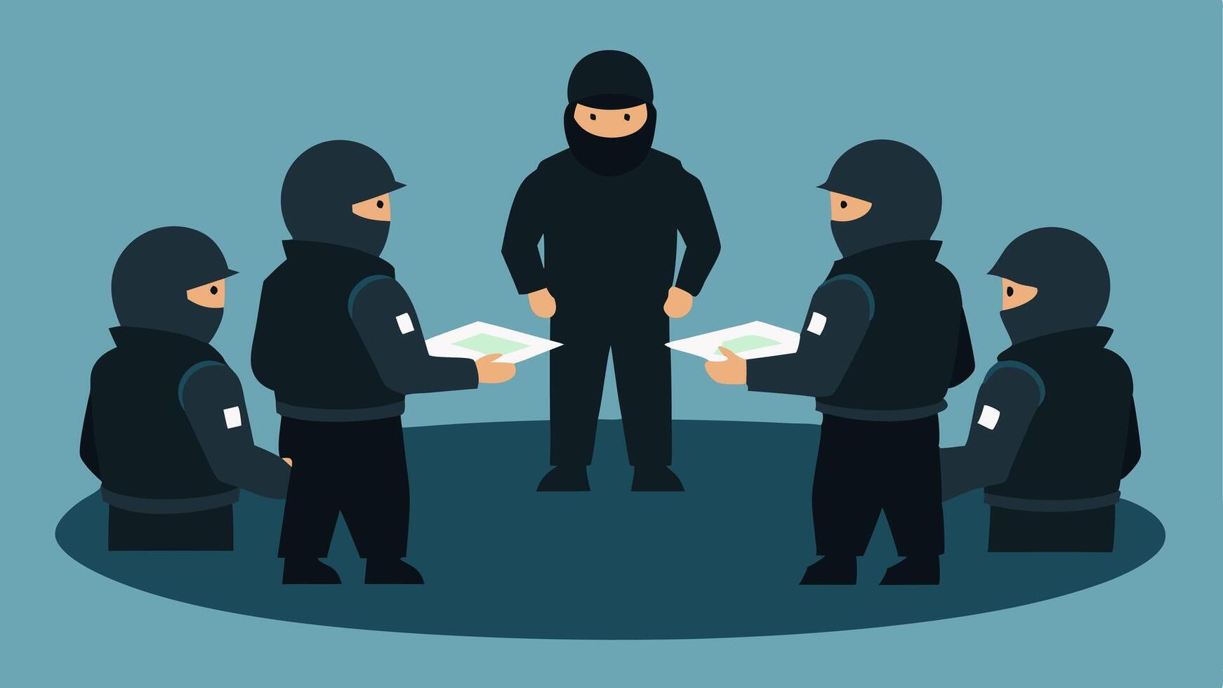 Team Formation A group of tactical officers in black gear are standing in a semicircle listening attentively to their instructor who gestures toward a training map laid out on a. vector