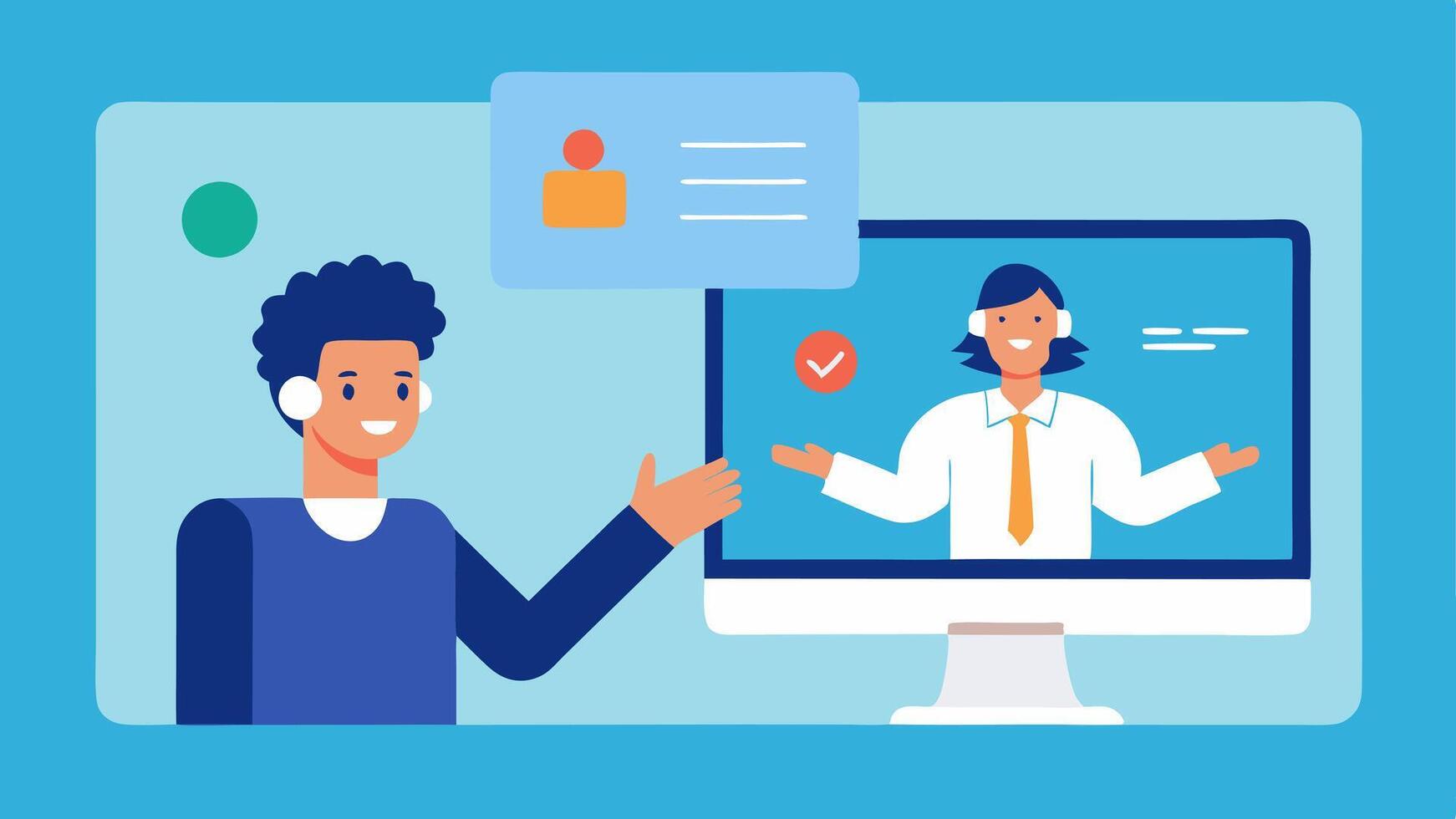Call Assistance A support spet on a call with a user represented by split screens with the spet explaining how to navigate a course interface while pointing at their. vector