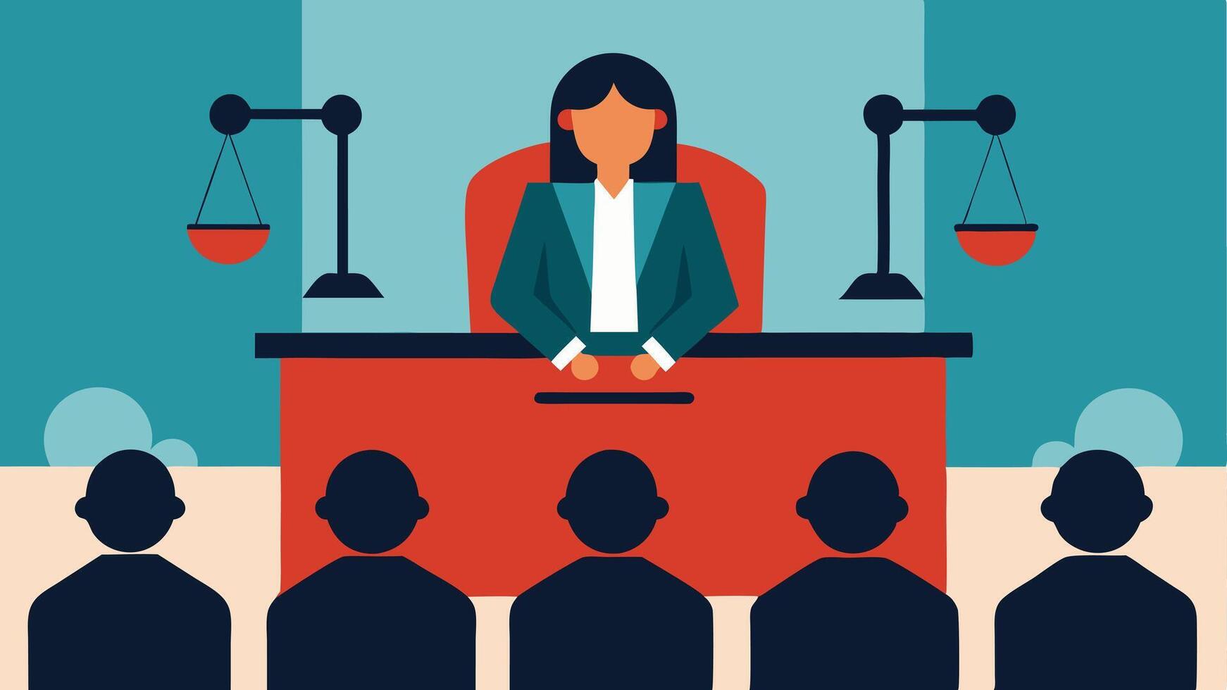 Witness Stand An overview of a courtroom with the victim prominently positioned on the witness stand surrounded by the judge jury and focused audience members.. vector