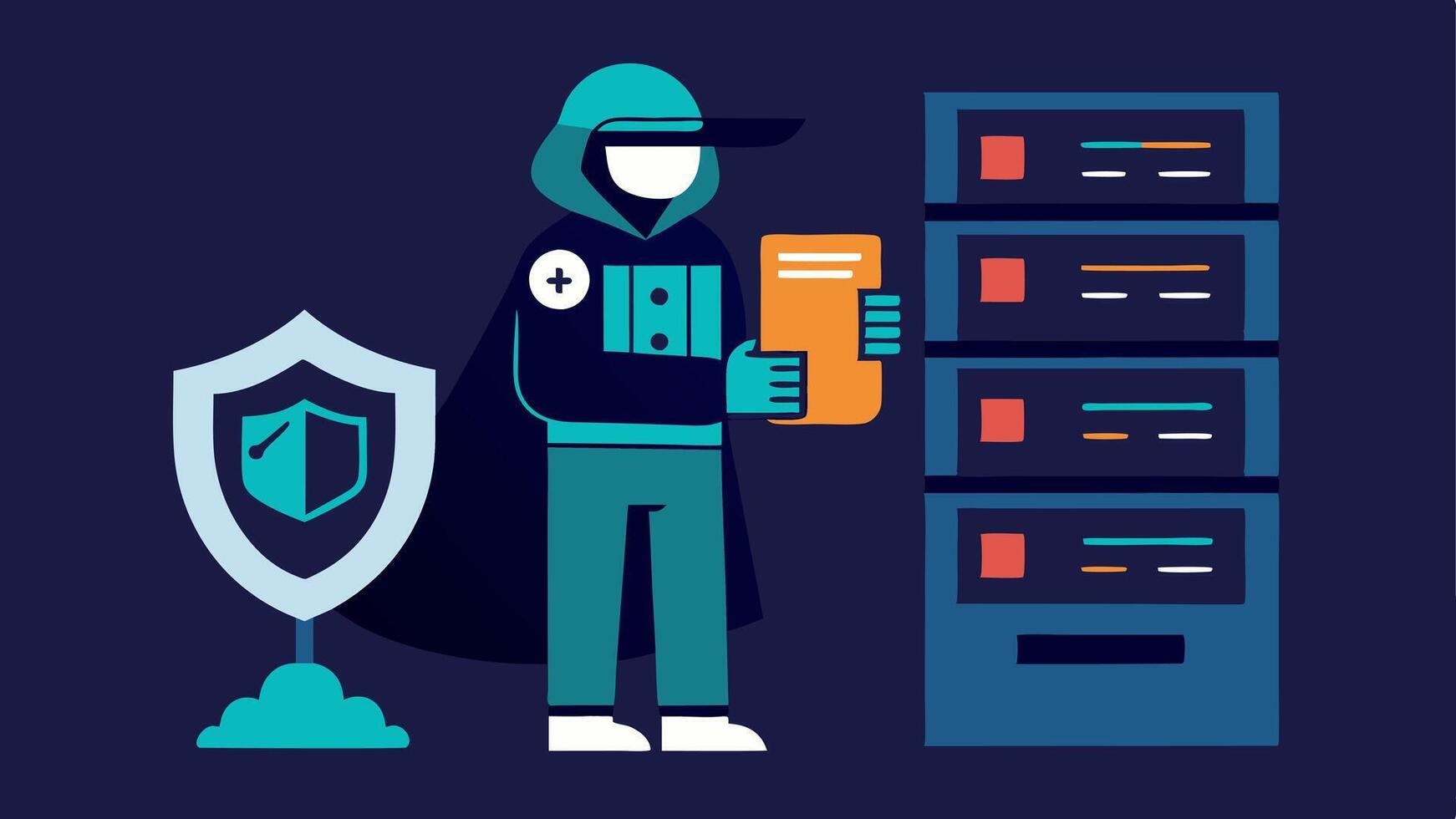 Security Audit A figure dressed in security gear inspecting a server room with highlighted components showing vulnerabilities representing the importance of audits in. vector