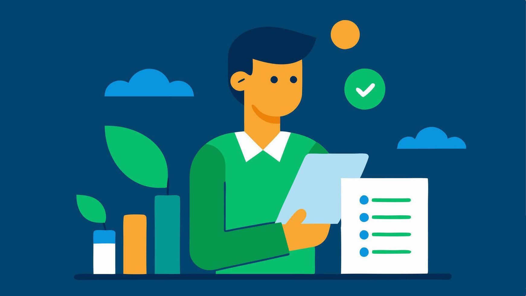 Sustainability Tracking An illustration of a manager reviewing an AIdriven sustainability report that highlights ecofriendly practices in the supply chain.. vector