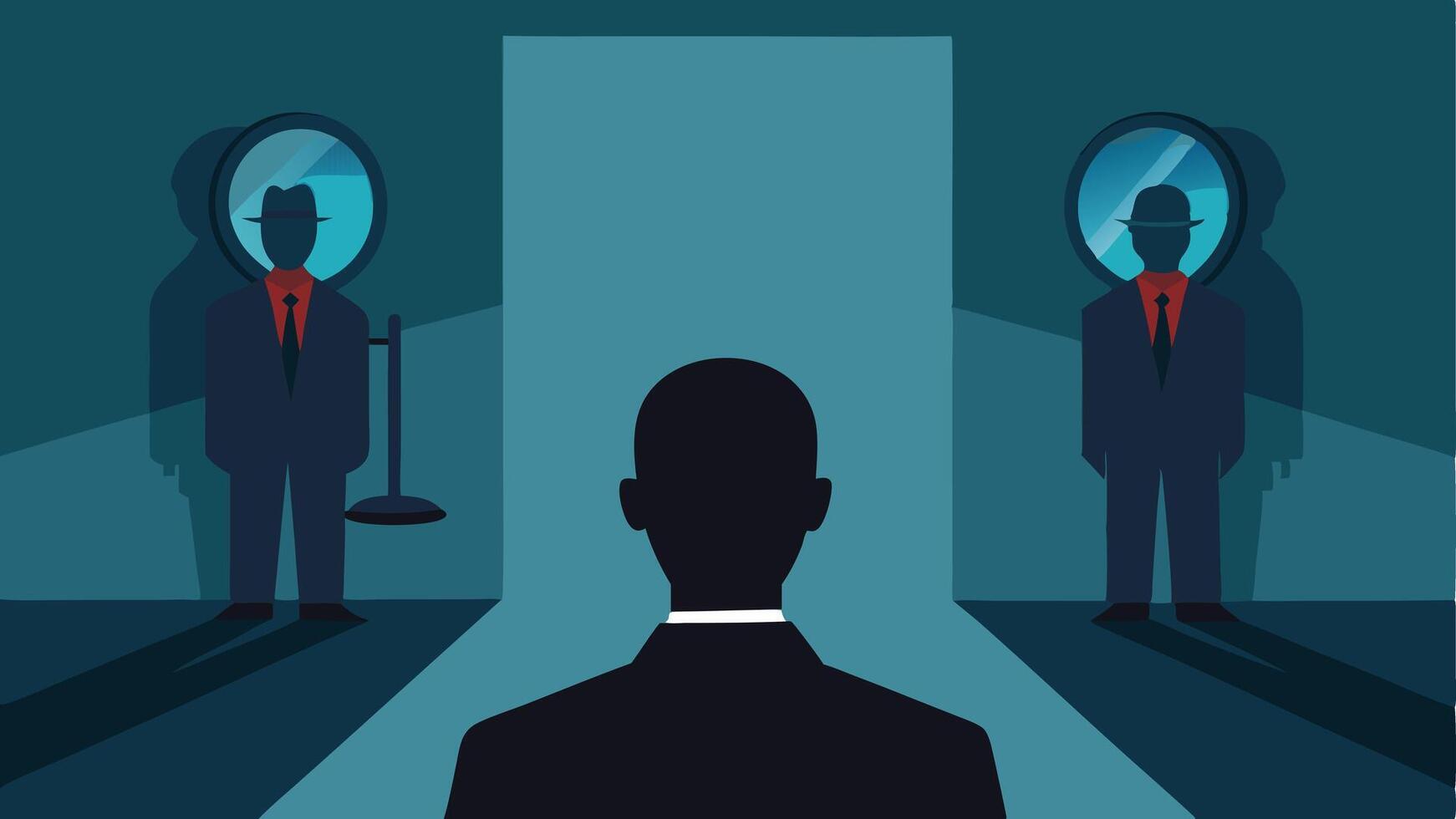 TwoWay Mirror A depiction showing a twoway mirror in the interrogation room with shadowy figures of other detectives observing the interrogation from the other side.. vector