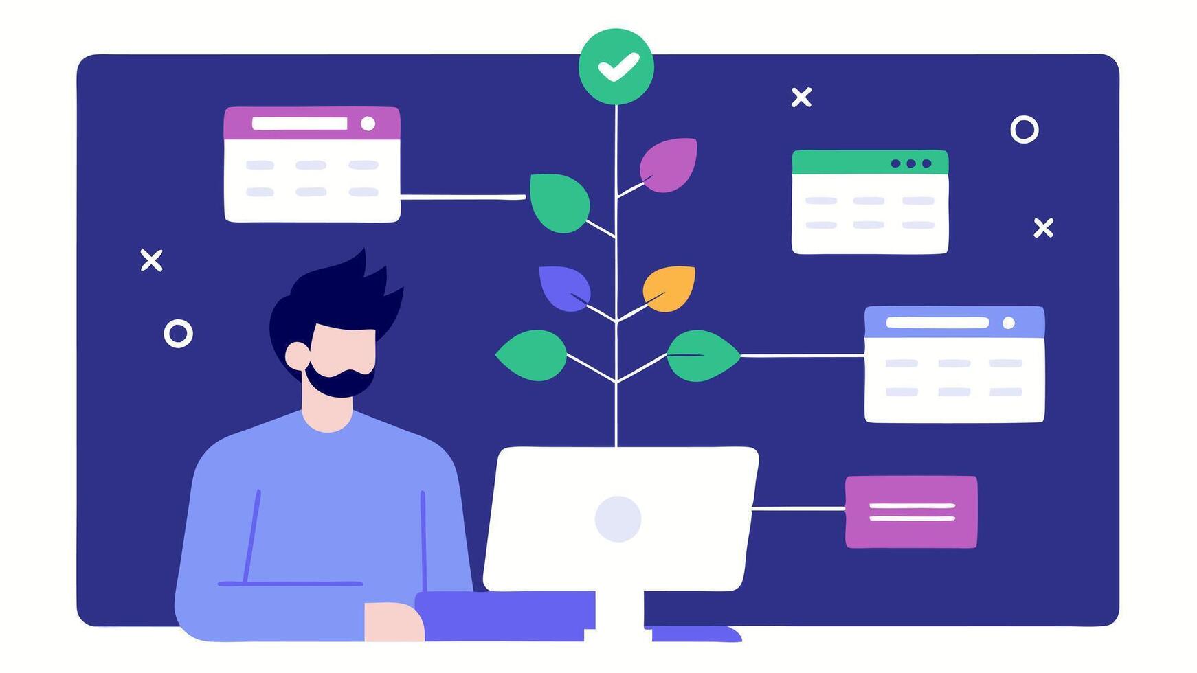 Version Control A developer managing version control for their blockchain project using a software interface with branches and commit history visualized as trees on the screen.. vector