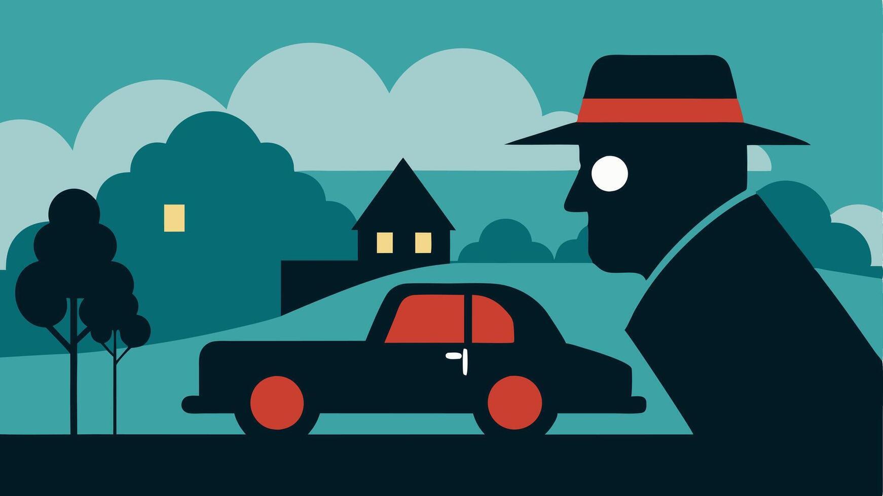 Stealthy Shadow A silhouette of a detective in a fedora peering through binoculars from behind a bush focusing on a car with tinted windows driving slowly down a suburban street.. vector
