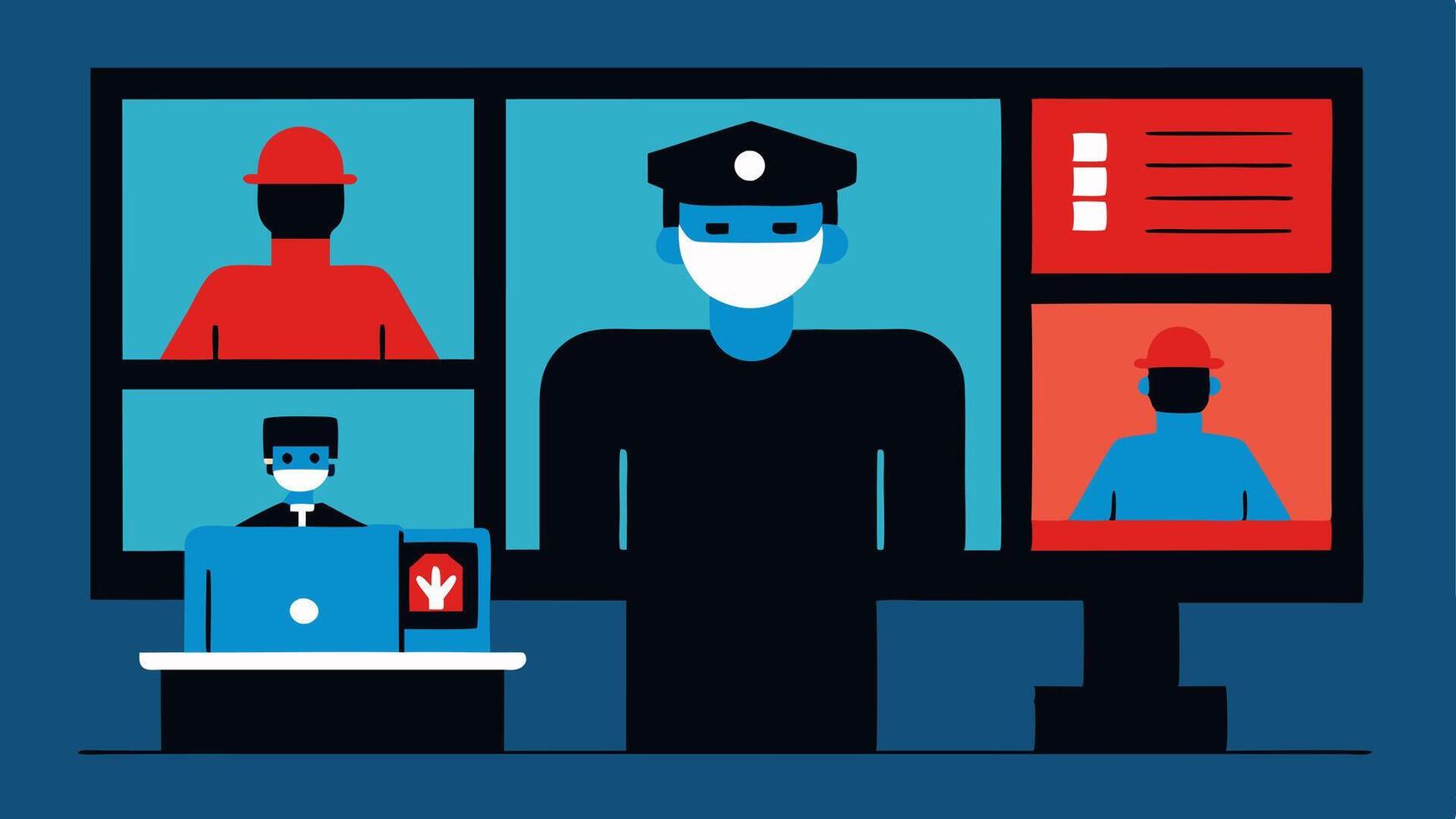 Surveillance Footage A split screen showing surveillance footage of a hacker at a workstation and a police team observing from another room planning the arrest.. vector