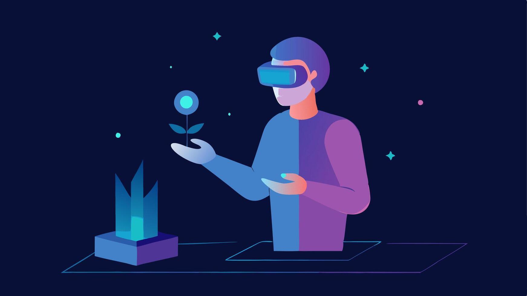 Virtual Sculptures An artist wearing AR glasses uses a virtual tool to shape a glowing holographic sculpture that hovers in front of them showcasing their creative process.. vector