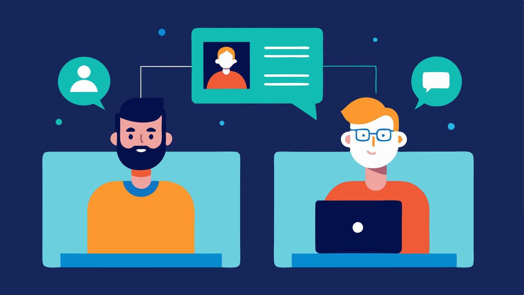 Virtual Collaboration A splitscreen illustration showing developers collaborating online with each on a call sharing their screens displaying chatbot modules.. vector