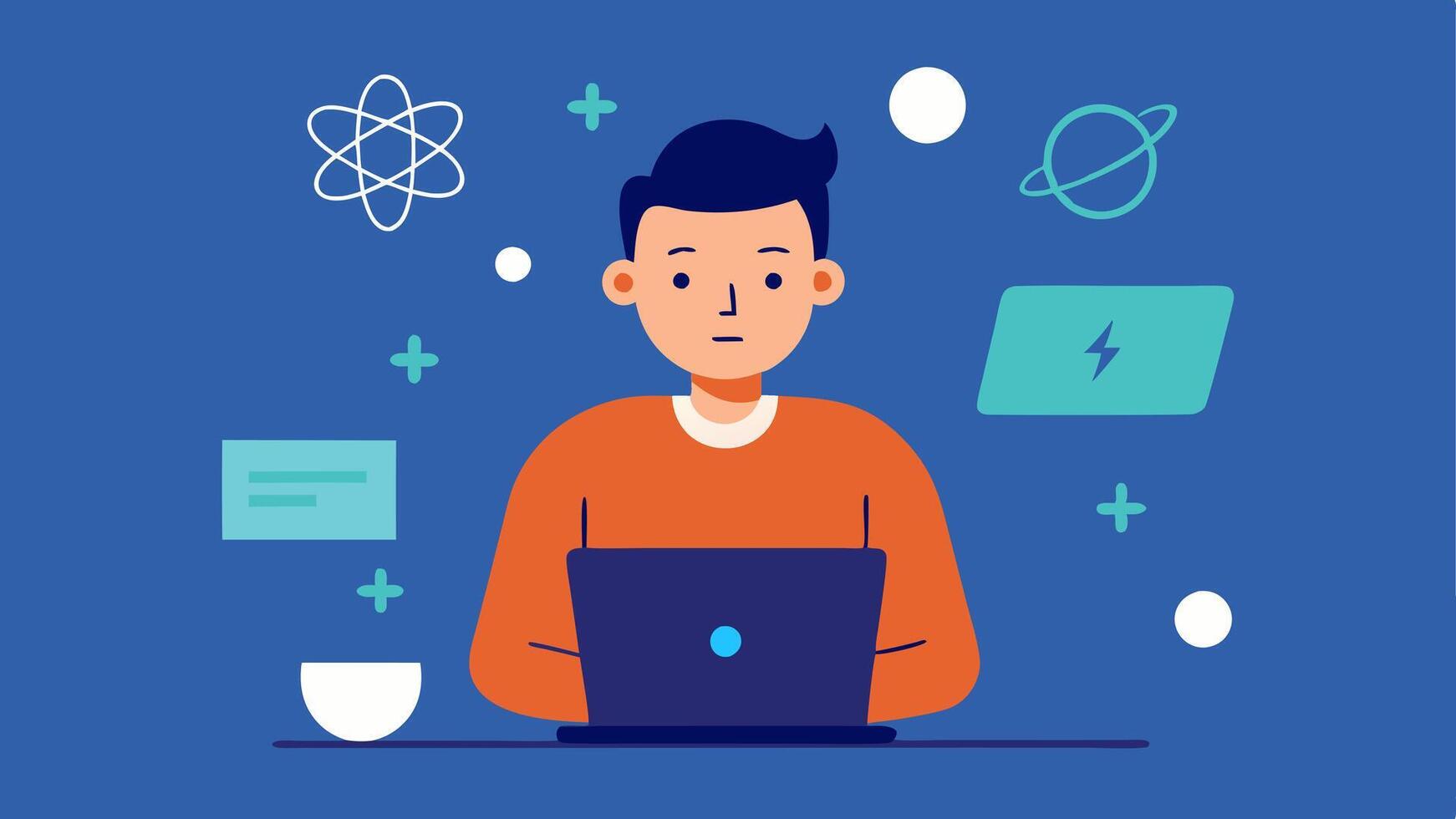 Simulation in Progress An engineer engaged in programming a quantum simulator on a laptop with floating mathematical equations and quantum formulas around.. vector