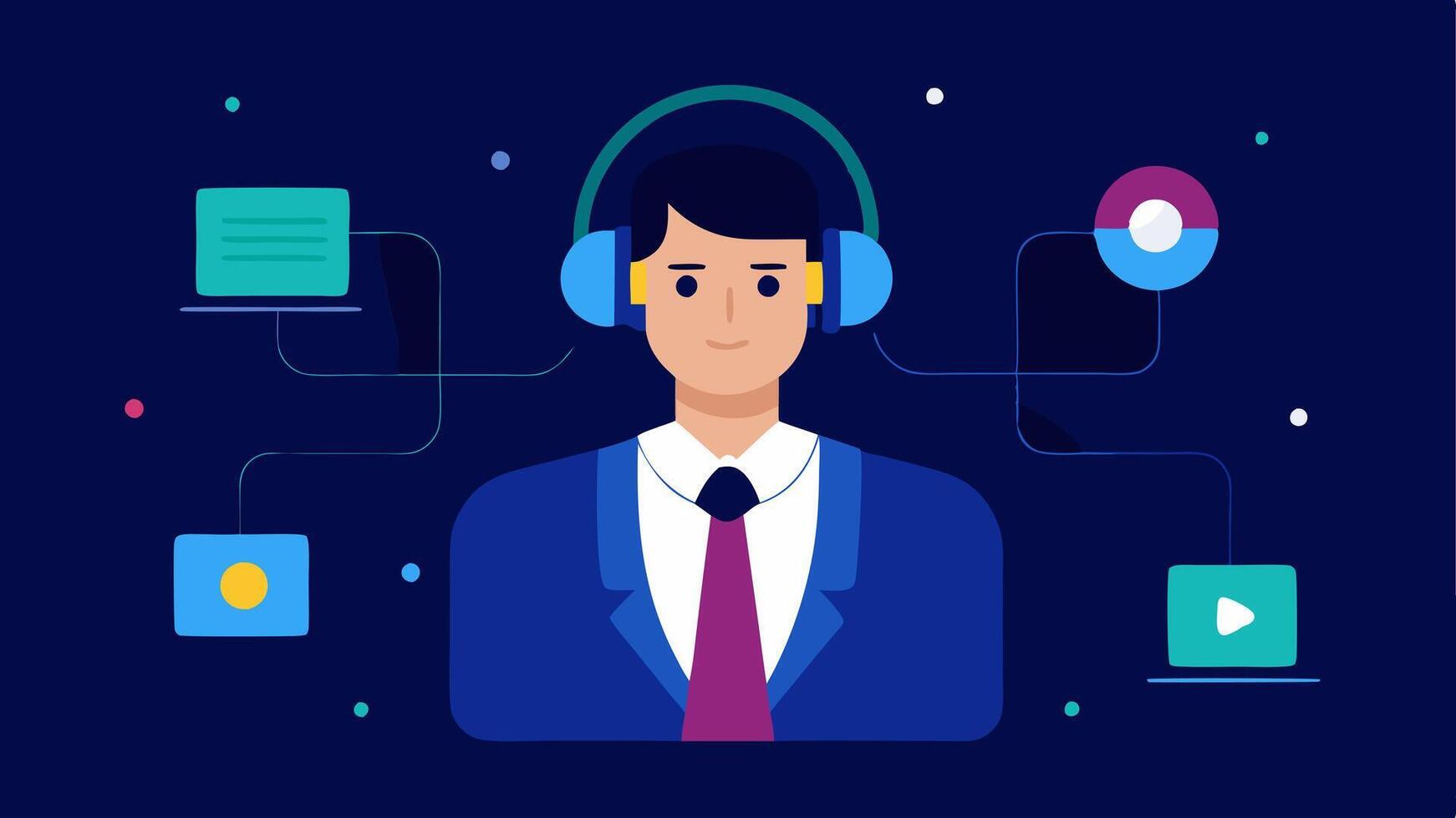 TechSavvy Lawyer Create an image of a lawyer with a pair of headphones on engaging in a call with a futuristic interface demonstrating legal blockchain applications behind. vector