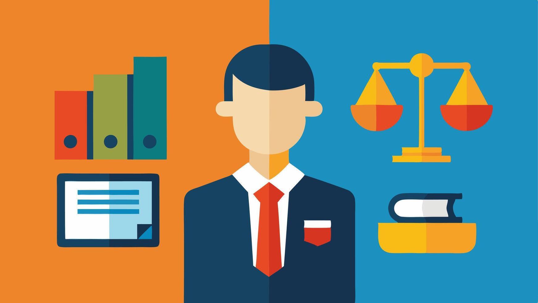 Split Desk Scene A splitscreen illustration showing a defense attorney on one side with documents and legal books and a proseion attorney on the other side with charts and evidence. vector
