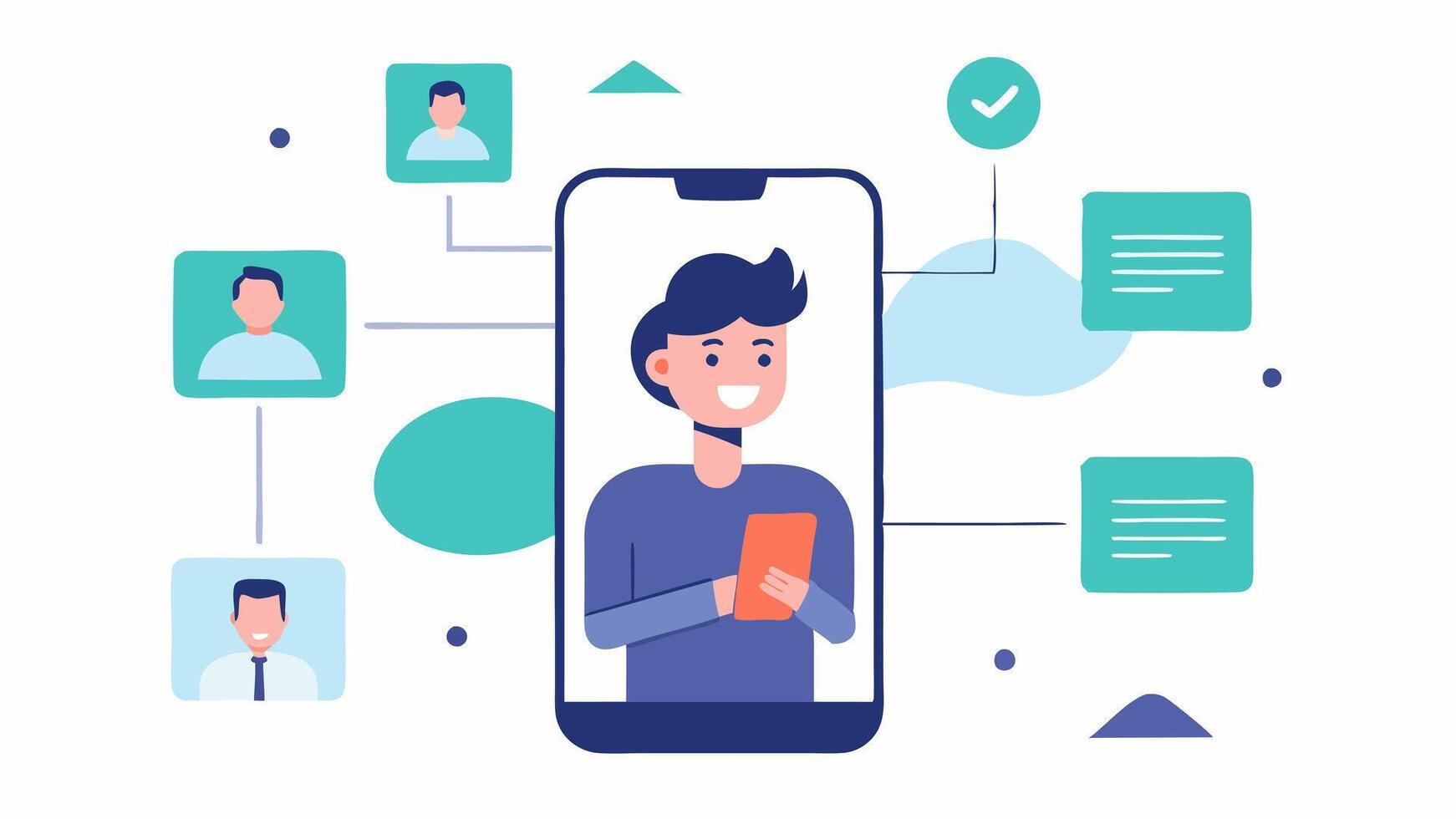 Smartphone Recruiting App An onthego recruiter using a smartphone app with a simple interface that features AI recommendations for candidates.. vector
