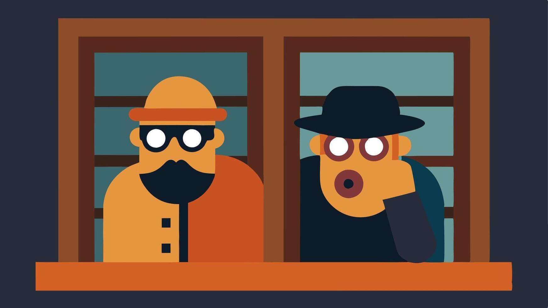 Window Watchers A scene featuring two criminals peering out of a boardedup window with one looking through binoculars while the other keeps watch with a wary expression.. vector