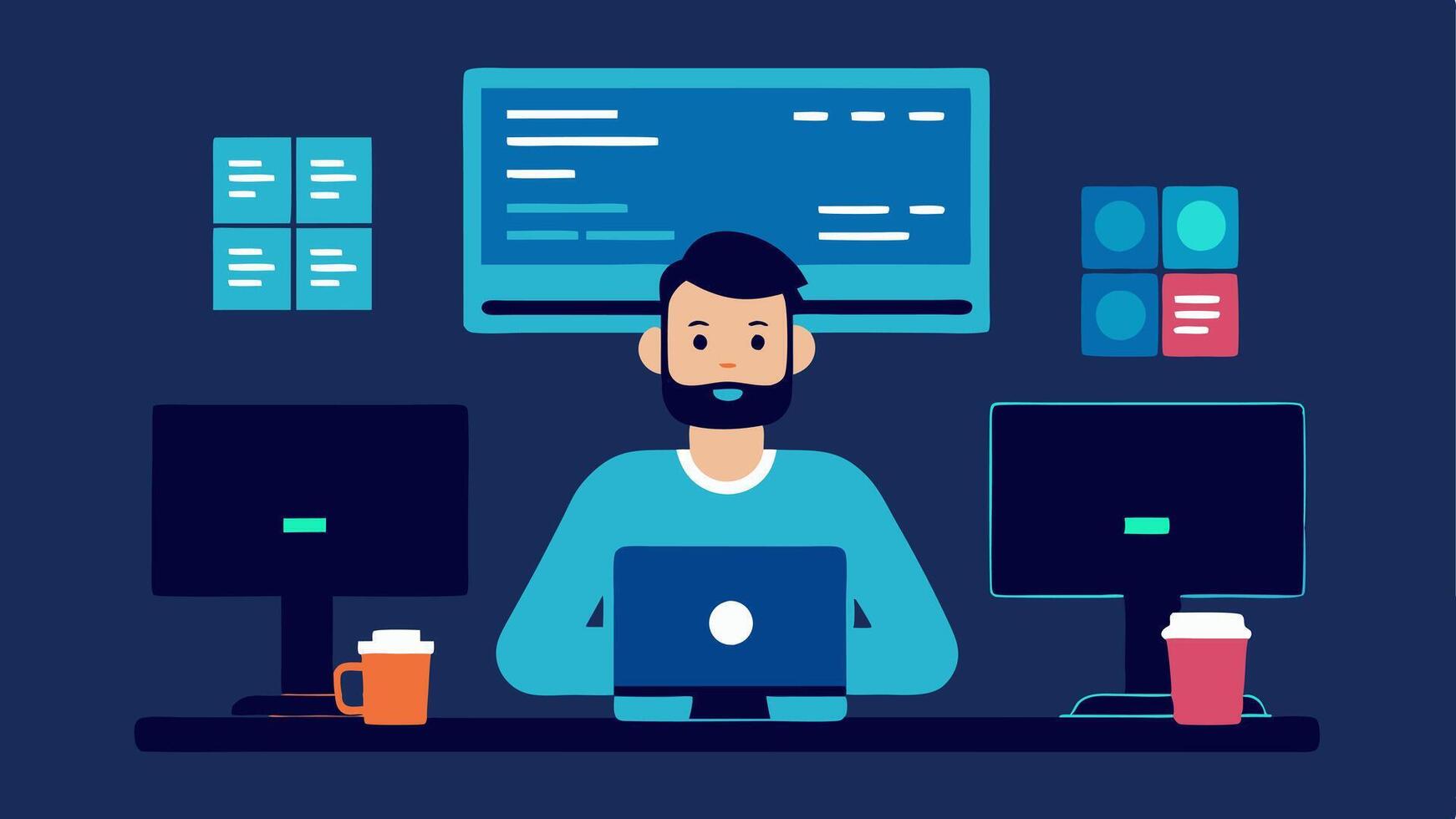 Software Development A coder sits in front of multiple computer screens displaying code and algorithms that control selfdriving technology with a coffee mug and notepad nearby.. vector