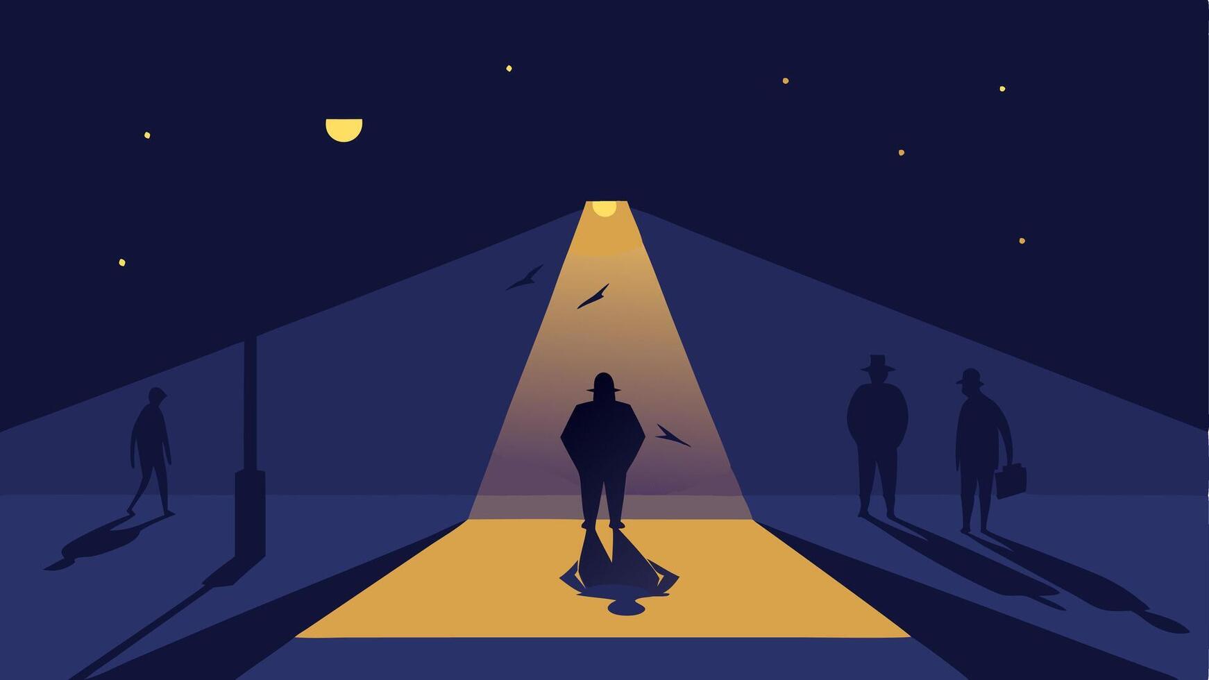 Under the Streetlight A dramatic scene where the criminals are illuminated by a flickering streetlight with shadows creeping in from the sides.. vector