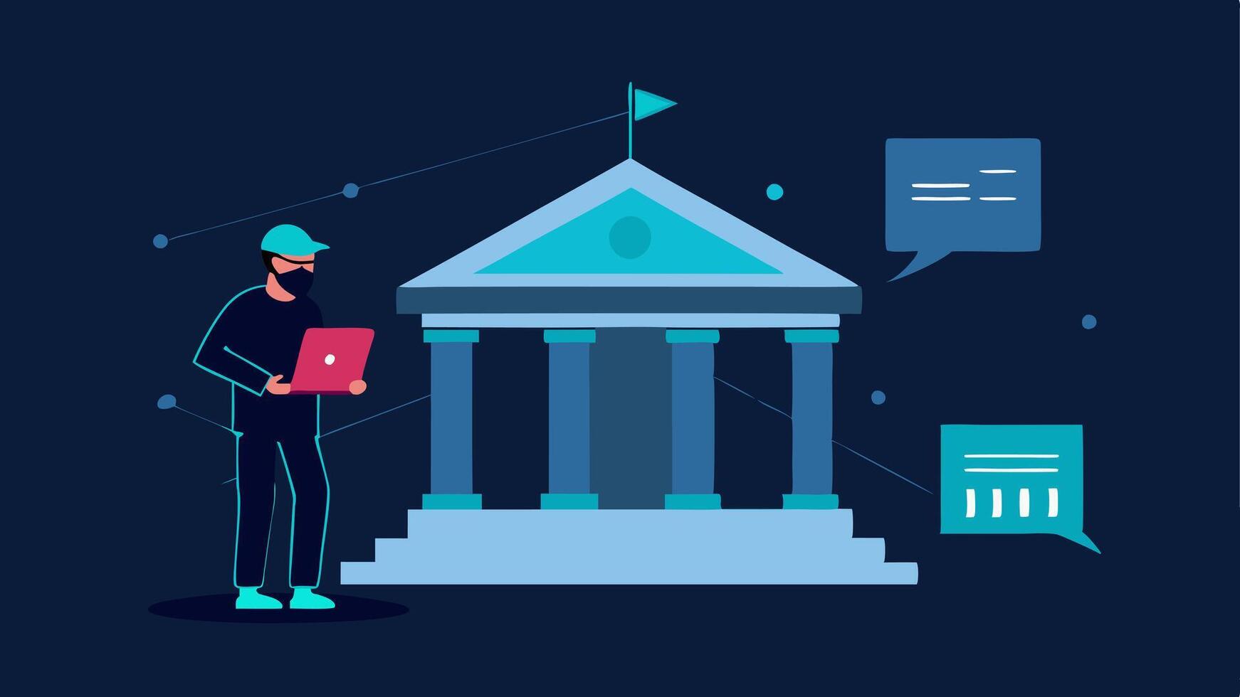 Wireframe Bank Model A 3D wireframe model of a bank with a hackers avatar navigating through its digital architecture trying to find vulnerabilities.. vector