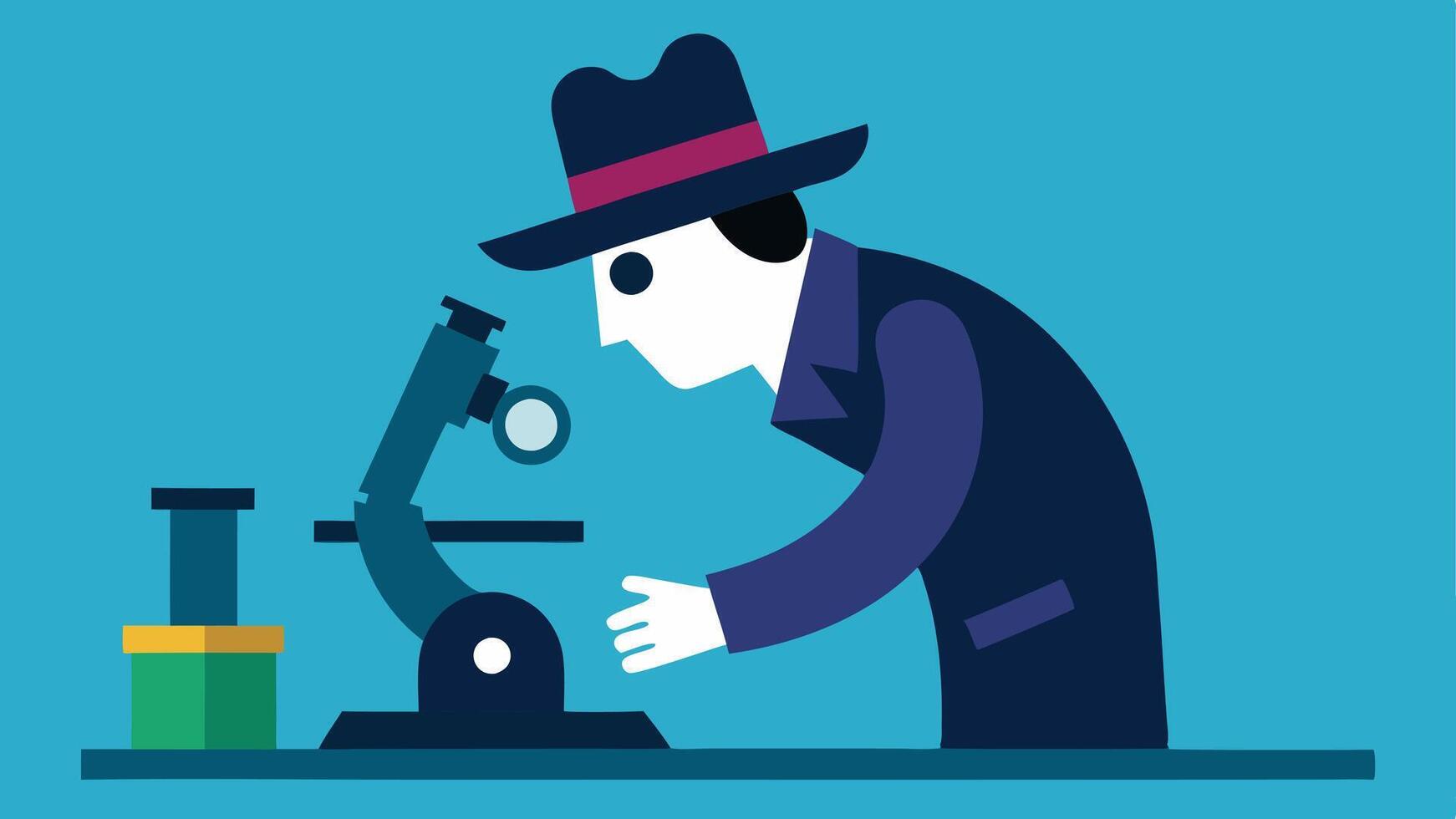 These descriptions provide a visual narrative of a detective engaged in meticulous scientific sleuthing using a microscope.. vector