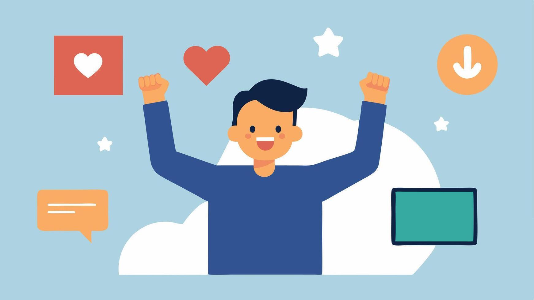 Social Engagement A editor celebrating success with raised arms surrounded by floating thumbsup hearts and comments from viewers showcasing audience engagement.. vector