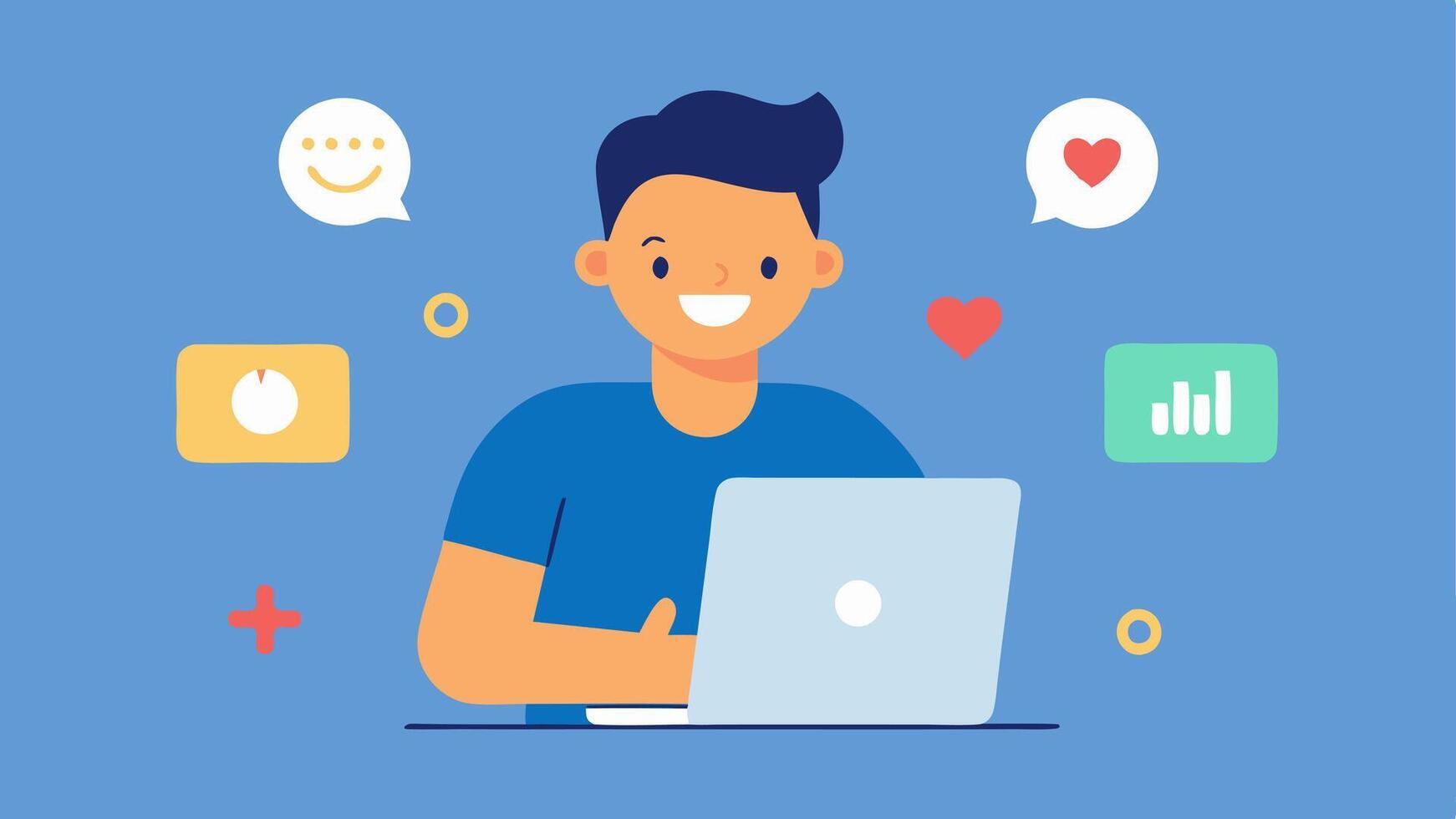 Social Media Engagement A cheerful animator reviewing social media analytics on a laptop with thumbsup and heart emojis floating around illustrating engagement metrics for their. vector